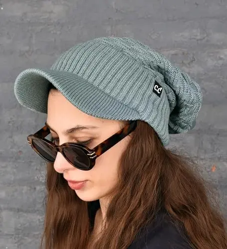 C.C Beanie Fuzzy Fleece Lining Warm Oversized Chunky Soft Stretchy Ribbed Slouchy Knit Hat with Visor Brim - 4