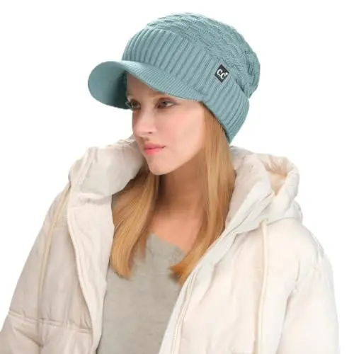 C.C Beanie Fuzzy Fleece Lining Warm Oversized Chunky Soft Stretchy Ribbed Slouchy Knit Hat with Visor Brim 