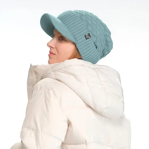 C.C Beanie Fuzzy Fleece Lining Warm Oversized Chunky Soft Stretchy Ribbed Slouchy Knit Hat with Visor Brim - C.C (1)