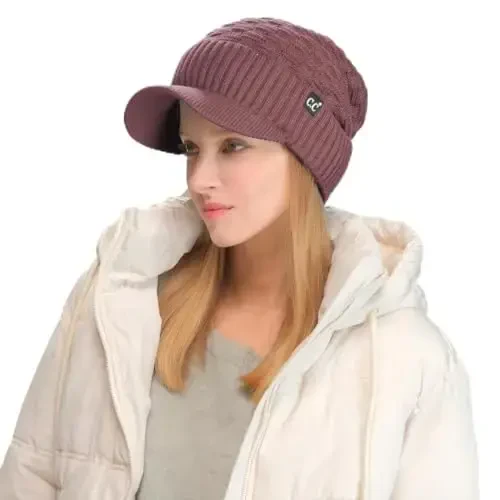 C.C Beanie Fuzzy Fleece Lining Warm Oversized Chunky Soft Stretchy Ribbed Slouchy Knit Hat with Visor Brim 