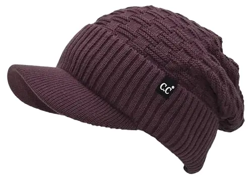 C.C Beanie Fuzzy Fleece Lining Warm Oversized Chunky Soft Stretchy Ribbed Slouchy Knit Hat with Visor Brim - 3