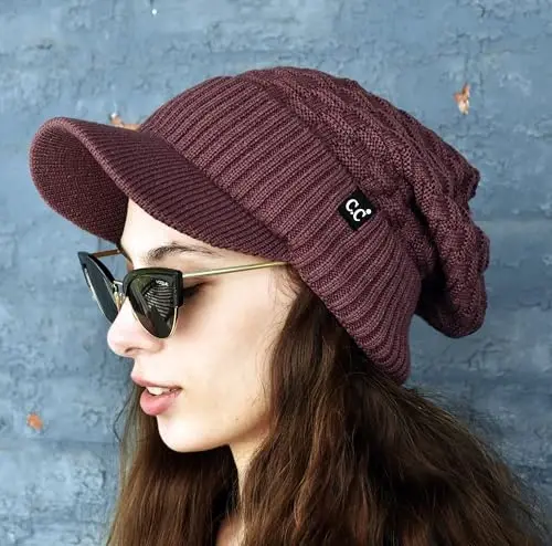 C.C Beanie Fuzzy Fleece Lining Warm Oversized Chunky Soft Stretchy Ribbed Slouchy Knit Hat with Visor Brim - 5