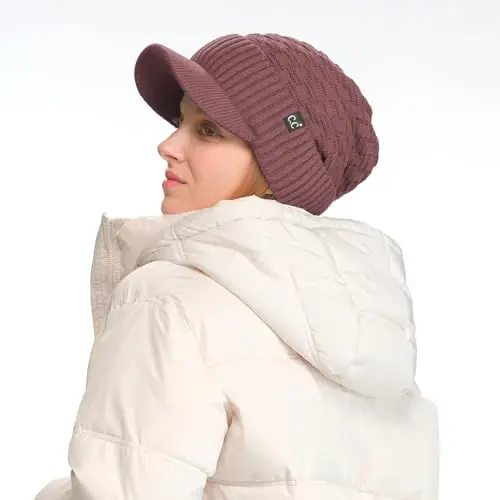 C.C Beanie Fuzzy Fleece Lining Warm Oversized Chunky Soft Stretchy Ribbed Slouchy Knit Hat with Visor Brim - C.C (1)