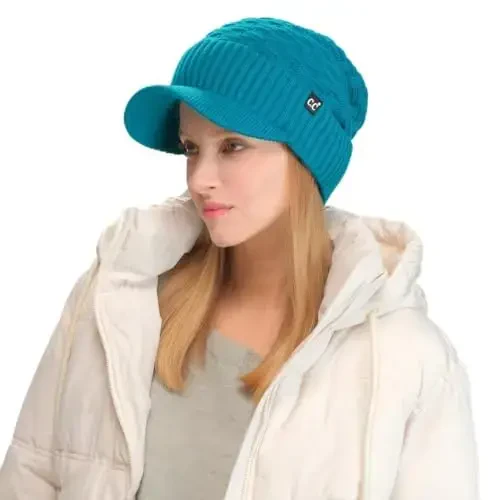 C.C Beanie Fuzzy Fleece Lining Warm Oversized Chunky Soft Stretchy Ribbed Slouchy Knit Hat with Visor Brim 