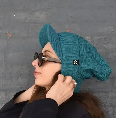 C.C Beanie Fuzzy Fleece Lining Warm Oversized Chunky Soft Stretchy Ribbed Slouchy Knit Hat with Visor Brim - 6