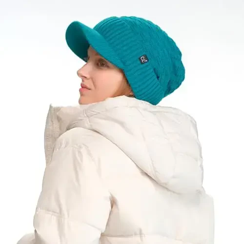 C.C Beanie Fuzzy Fleece Lining Warm Oversized Chunky Soft Stretchy Ribbed Slouchy Knit Hat with Visor Brim - C.C (1)