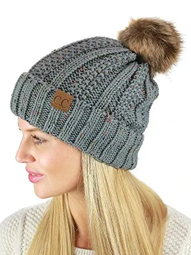 C.C Thick Cable Knit Faux Fuzzy Fur Pom Fleece Lined Skull Cap Cuff Beanie - C.C (1)
