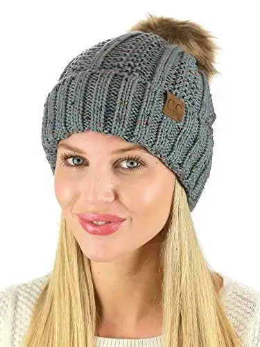 C.C Thick Cable Knit Faux Fuzzy Fur Pom Fleece Lined Skull Cap Cuff Beanie - 3