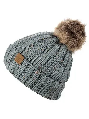 C.C Thick Cable Knit Faux Fuzzy Fur Pom Fleece Lined Skull Cap Cuff Beanie - 4