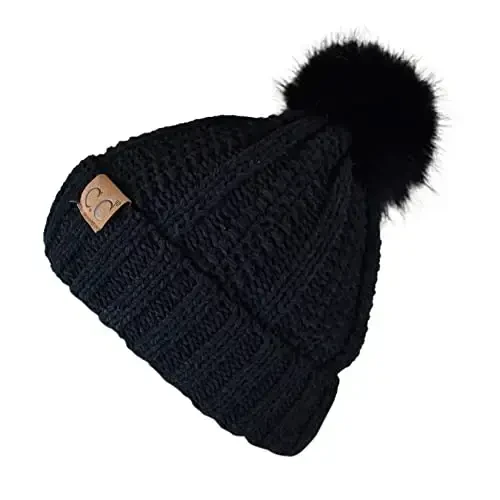 C.C Thick Cable Knit Faux Fuzzy Fur Pom Fleece Lined Skull Cap Cuff Beanie - 3