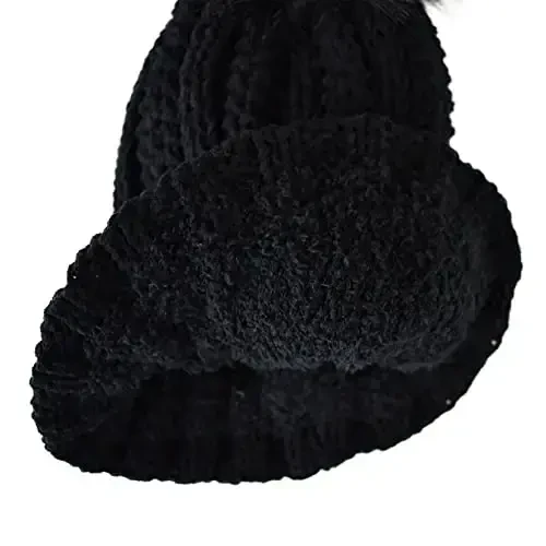 C.C Thick Cable Knit Faux Fuzzy Fur Pom Fleece Lined Skull Cap Cuff Beanie - 4