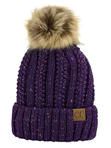 C.C Thick Cable Knit Faux Fuzzy Fur Pom Fleece Lined Skull Cap Cuff Beanie 