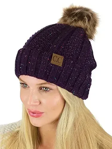 C.C Thick Cable Knit Faux Fuzzy Fur Pom Fleece Lined Skull Cap Cuff Beanie - 3