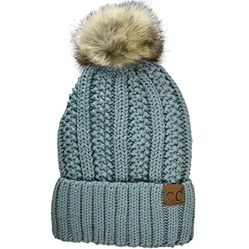 C.C Thick Cable Knit Faux Fuzzy Fur Pom Fleece Lined Skull Cap Cuff Beanie - 1