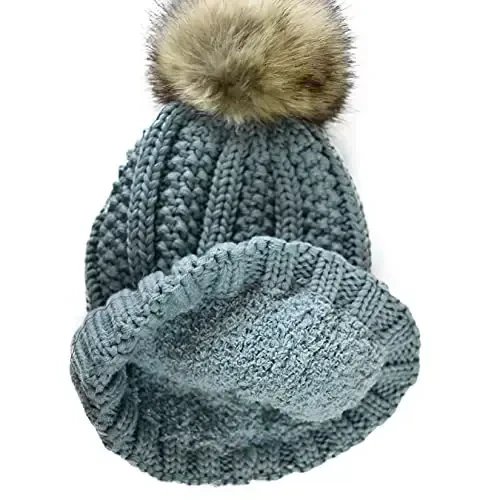 C.C Thick Cable Knit Faux Fuzzy Fur Pom Fleece Lined Skull Cap Cuff Beanie - 2