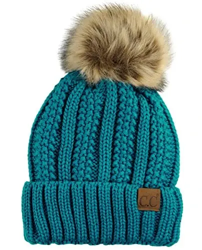 C.C Thick Cable Knit Faux Fuzzy Fur Pom Fleece Lined Skull Cap Cuff Beanie - C.C