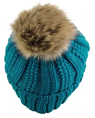 C.C Thick Cable Knit Faux Fuzzy Fur Pom Fleece Lined Skull Cap Cuff Beanie - 4