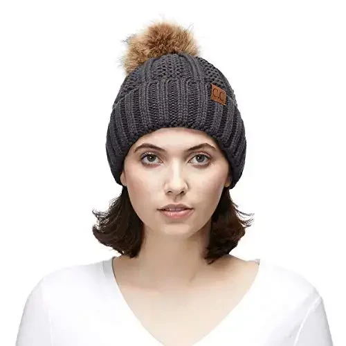 C.C Thick Cable Knit Faux Fuzzy Fur Pom Fleece Lined Skull Cap Cuff Beanie - 5