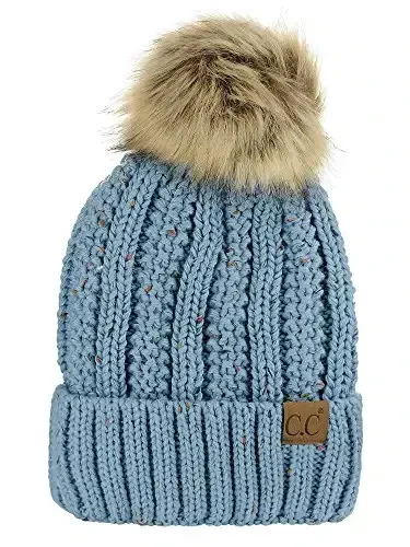 C.C Thick Cable Knit Faux Fuzzy Fur Pom Fleece Lined Skull Cap Cuff Beanie - MODAZONE