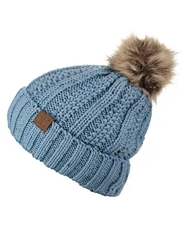 C.C Thick Cable Knit Faux Fuzzy Fur Pom Fleece Lined Skull Cap Cuff Beanie - 4