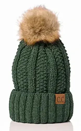 C.C Thick Cable Knit Faux Fuzzy Fur Pom Fleece Lined Skull Cap Cuff Beanie 