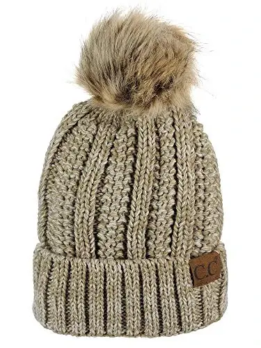 C.C Thick Cable Knit Faux Fuzzy Fur Pom Fleece Lined Skull Cap Cuff Beanie - C.C