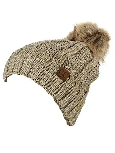 C.C Thick Cable Knit Faux Fuzzy Fur Pom Fleece Lined Skull Cap Cuff Beanie - 2