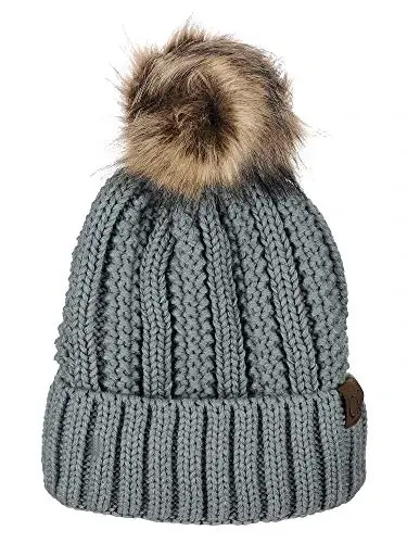 C.C Thick Cable Knit Faux Fuzzy Fur Pom Fleece Lined Skull Cap Cuff Beanie - 1