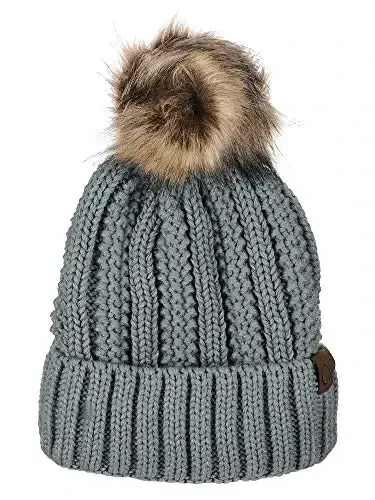 C.C Thick Cable Knit Faux Fuzzy Fur Pom Fleece Lined Skull Cap Cuff Beanie - 1