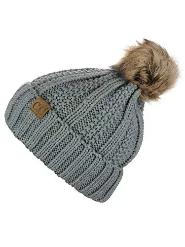 C.C Thick Cable Knit Faux Fuzzy Fur Pom Fleece Lined Skull Cap Cuff Beanie - 2