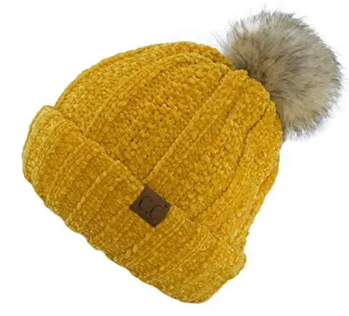 C.C Thick Cable Knit Faux Fuzzy Fur Pom Fleece Lined Skull Cap Cuff Beanie - C.C (1)