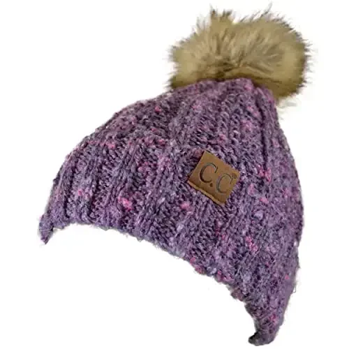 C.C Thick Cable Knit Faux Fuzzy Fur Pom Fleece Lined Skull Cap Cuff Beanie - C.C (1)