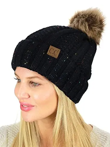 C.C Thick Cable Knit Faux Fuzzy Fur Pom Fleece Lined Skull Cap Cuff Beanie - 2