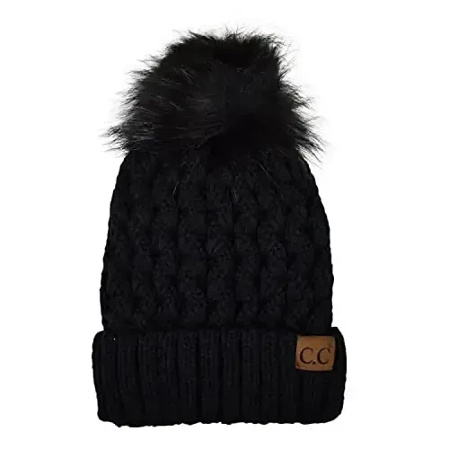 C.C Thick Cable Knit Faux Fuzzy Fur Pom Fleece Lined Skull Cap Cuff Beanie - C.C