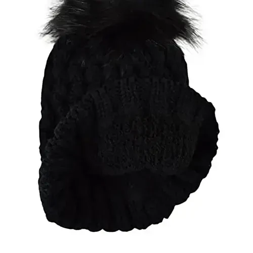 C.C Thick Cable Knit Faux Fuzzy Fur Pom Fleece Lined Skull Cap Cuff Beanie - 4