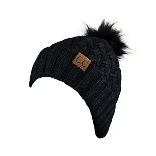 C.C Thick Cable Knit Faux Fuzzy Fur Pom Fleece Lined Skull Cap Cuff Beanie - C.C (1)