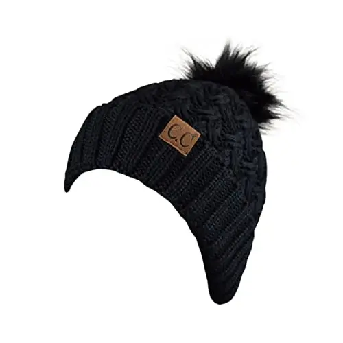 C.C Thick Cable Knit Faux Fuzzy Fur Pom Fleece Lined Skull Cap Cuff Beanie - 2