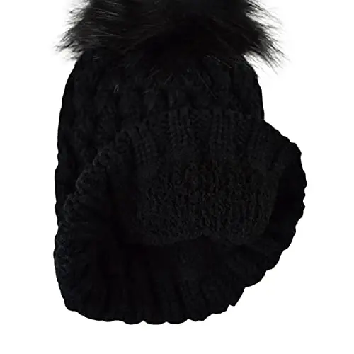 C.C Thick Cable Knit Faux Fuzzy Fur Pom Fleece Lined Skull Cap Cuff Beanie - 4