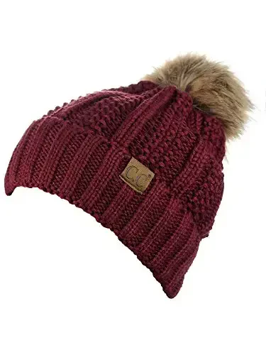C.C Thick Cable Knit Faux Fuzzy Fur Pom Fleece Lined Skull Cap Cuff Beanie - 3