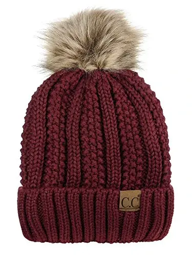 C.C Thick Cable Knit Faux Fuzzy Fur Pom Fleece Lined Skull Cap Cuff Beanie - 1