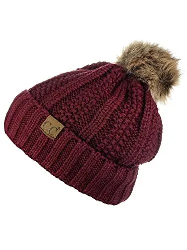 C.C Thick Cable Knit Faux Fuzzy Fur Pom Fleece Lined Skull Cap Cuff Beanie - 2