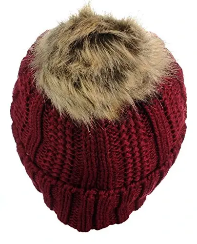 C.C Thick Cable Knit Faux Fuzzy Fur Pom Fleece Lined Skull Cap Cuff Beanie - 4