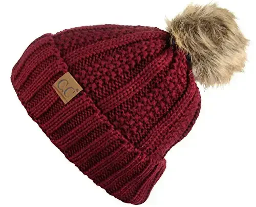 C.C Thick Cable Knit Faux Fuzzy Fur Pom Fleece Lined Skull Cap Cuff Beanie - 2