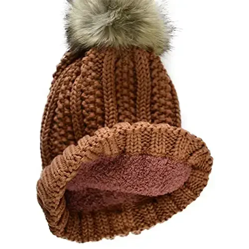 C.C Thick Cable Knit Faux Fuzzy Fur Pom Fleece Lined Skull Cap Cuff Beanie - 2