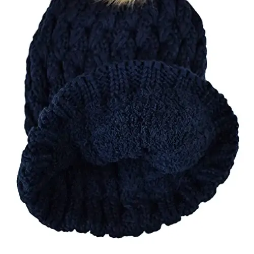 C.C Thick Cable Knit Faux Fuzzy Fur Pom Fleece Lined Skull Cap Cuff Beanie - 4