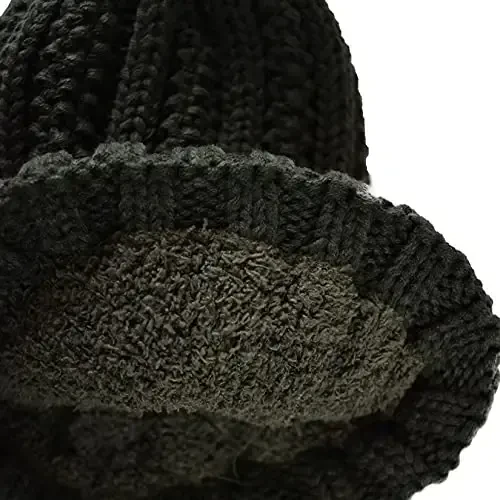 C.C Thick Cable Knit Faux Fuzzy Fur Pom Fleece Lined Skull Cap Cuff Beanie - 2