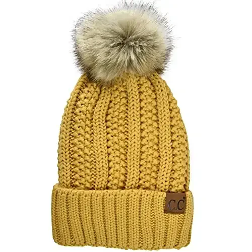 C.C Thick Cable Knit Faux Fuzzy Fur Pom Fleece Lined Skull Cap Cuff Beanie 