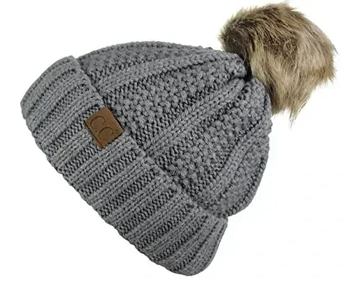 C.C Thick Cable Knit Faux Fuzzy Fur Pom Fleece Lined Skull Cap Cuff Beanie - C.C (1)
