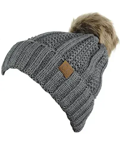 C.C Thick Cable Knit Faux Fuzzy Fur Pom Fleece Lined Skull Cap Cuff Beanie - 3