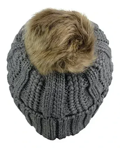 C.C Thick Cable Knit Faux Fuzzy Fur Pom Fleece Lined Skull Cap Cuff Beanie - 4